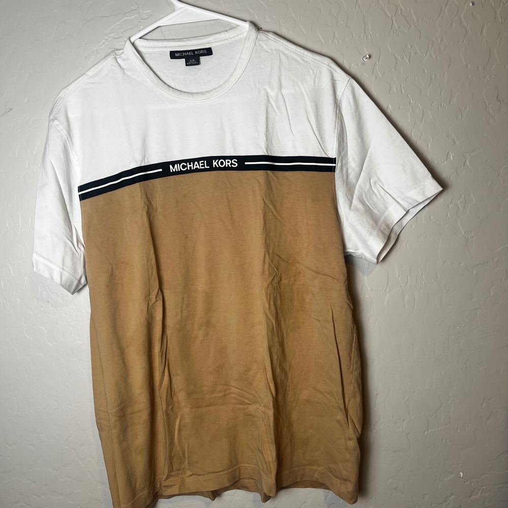 Michael Kors Mens Colorblock Logo Tape T-Shirt White Tan Large Short Sleeve Tee